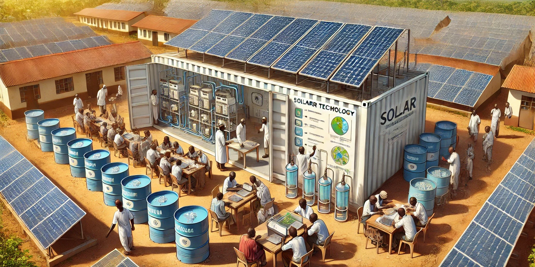 DALLE 2025-03-27 15.45.00 – A detailed illustration of a solar training workshop at Makerere University in Uganda featuring a large shipping container converted