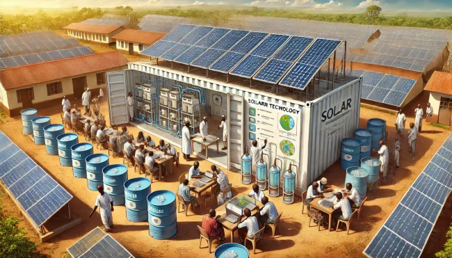 DALLE 2025-03-27 15.45.00 – A detailed illustration of a solar training workshop at Makerere University in Uganda featuring a large shipping container converted